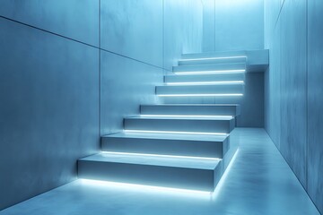 Fototapeta premium Xenon-lit floating concrete stairs glowing subtly along a minimal high-tech hallway