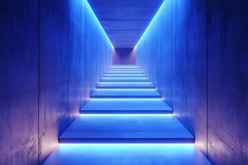 Fototapeta premium Xenon-lit floating concrete stairs glowing subtly along a minimal high-tech hallway