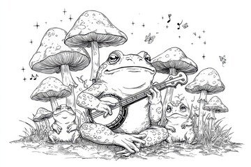 A whimsical frog playing banjo surrounded by mushrooms.