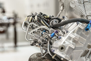 Detailed view of a modern engine showcasing intricate components and design in a contemporary...