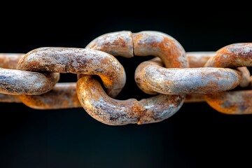Fototapeta premium Close-up of weathered rusty metal chain links against black background