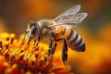 Honeybee foraging on vibrant orange flower, collecting pollen, and pollination in warm light setting. Focus on wings and legs.