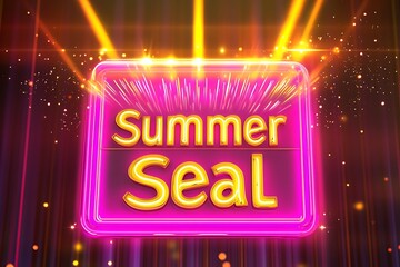 A brightly lit neon "Summer Seal" sign in an art deco font, radiating vivid pink and yellow light, with animated sparkles for a lively summer vibe