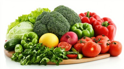 Assorted fresh vegetables on wooden platter including broccoli peppers and tomatoes
