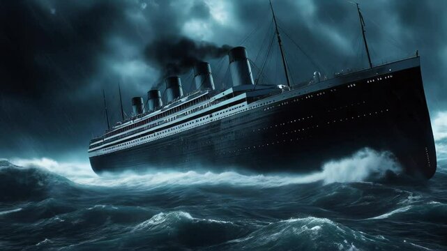 Dark metal ship with towering smokestacks faces turbulent waters under ominous cloudy sky with minimal lighting Concept of maritime danger and historical disaster