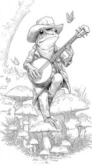 A whimsical frog musician plays banjo atop forest mushrooms.