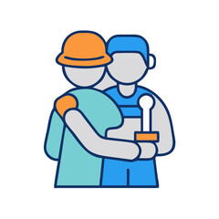 Two workers celebrating success while holding a trophy icon