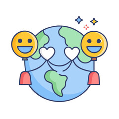 Cartoon Earth with Happy Emoji Balloons and Hearts Design