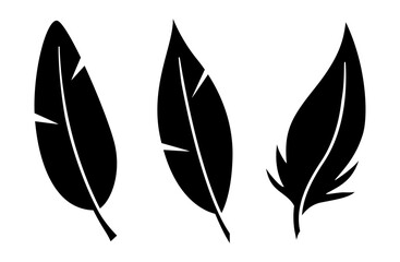 Vector Bird Feathers stamps set isolated on white. Black glyph quill collection in cartoon style