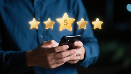 Person Using Smartphone Receives Five Star Rating Feedback Online Review App Excellent Service Mobile Phone Customer Satisfaction