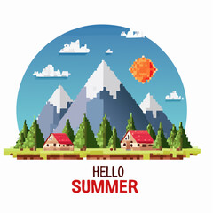 Vector Illustration of Hello Summer Mountain Camping Scene