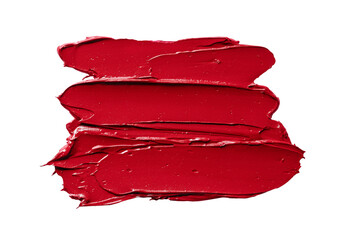 Red lipstick smear isolated on transparent background. Glossy texture with brush strokes, ideal for...