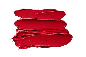 Red lipstick smear isolated on transparent background. Glossy texture with brush strokes, ideal for skincare, makeup tutorials, or product packaging design mockups. Red lipstick swatch for design.