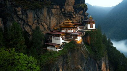 A scenic view of a monastery built on a cliffside mountain