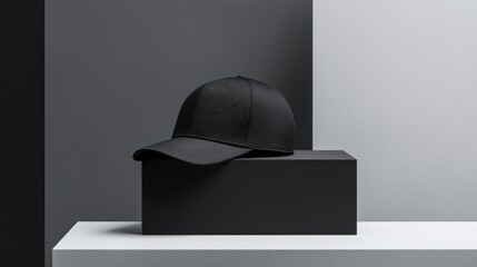 A black baseball cap rests on a rectangular black structure