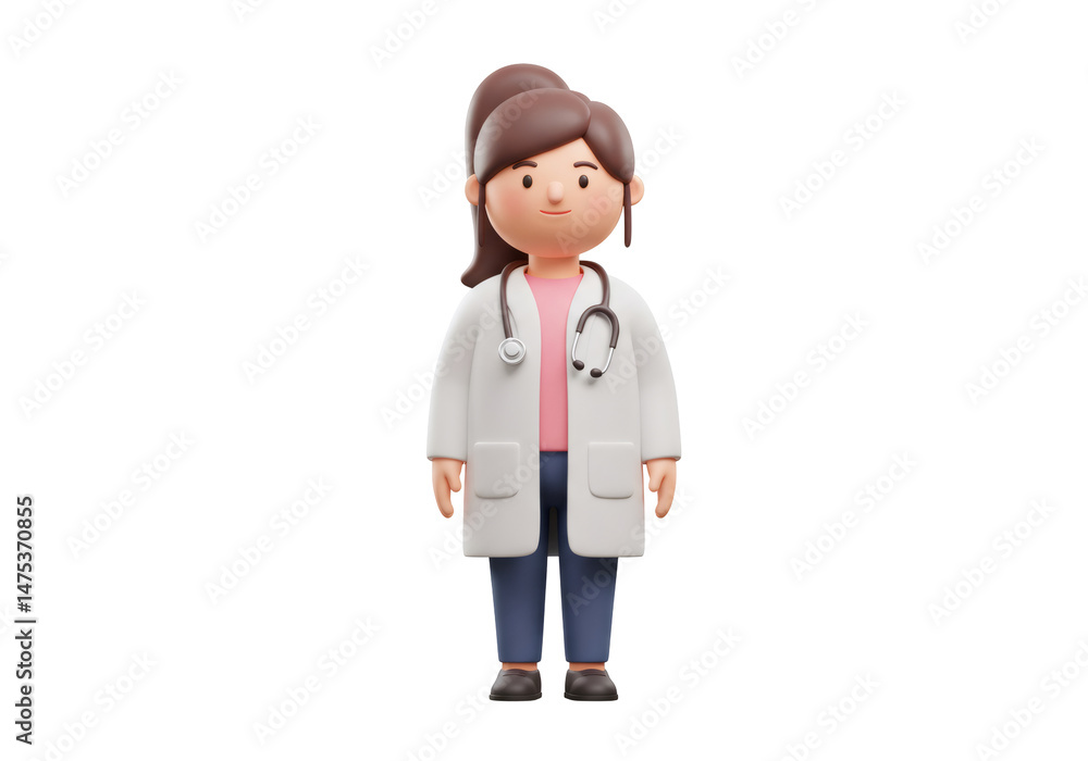 Fototapete 白いコートと聴診器を身に着けた若い女性医師の3dレンダリングキャラクターは、医療専門家と健康管理の概念を表しています