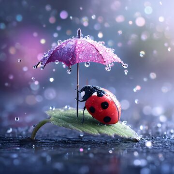 Whimsical Macro Art of Ladybug Resting Under Tiny Umbrella