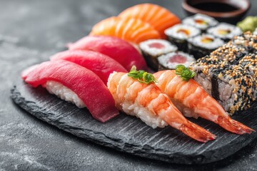 An elegant selection of fresh sushi featuring tuna, salmon, shrimp, and maki rolls arranged artfully on a textured slate plate with soy sauce for dipping pleasure.