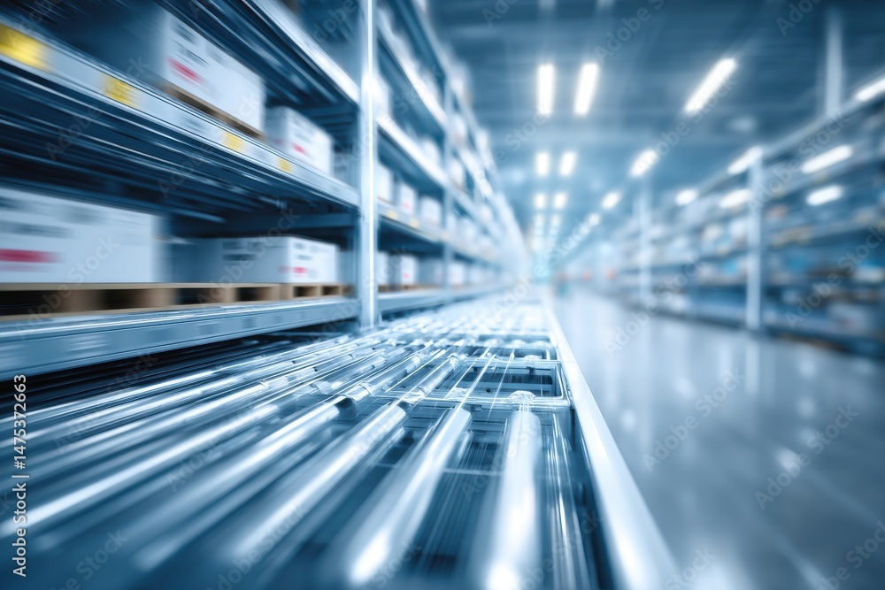 Poster automated conveyor belt system in a large warehouse with blurred boxes, optimized for efficient sort