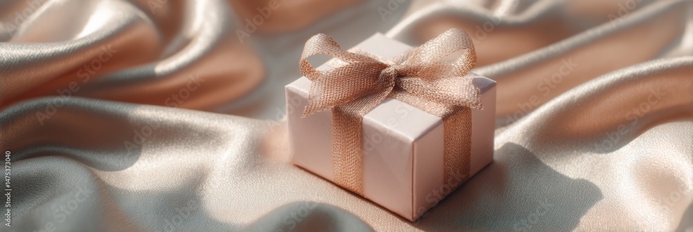 Poster small present wrapped with ribbon rests on soft satin cloth, illuminated by gentle pastel light in a