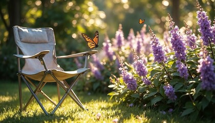Butterfly on Chair Surrounded by Purple Flowers in Garden  