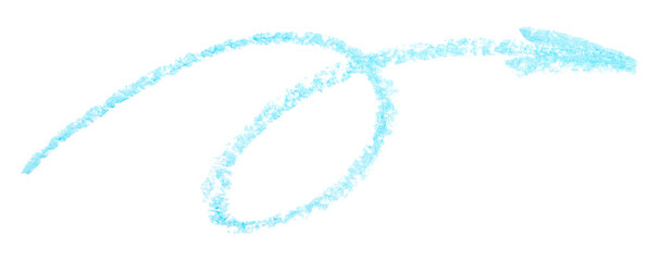 Freehand light blue twisted curved arrow, simple children's oil pastel illustration isolated