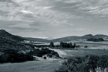 Black and white photo of a rural landscape in Greece. Cloudy sky and mountains at the background.