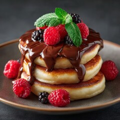 Delicious stack of pancakes topped with chocolate and fresh berries on a dark background