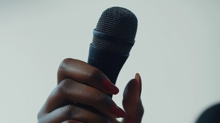 Hand of a black woman with red manicure holds a microphone on a white background.