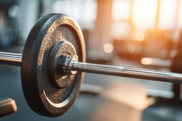 A close-up shot of a barbell with a weight plate, showcasing fitness equipment in a gym setting, bathed in warm sunlight, ready for a challenging workout.