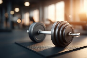A close-up shot of a dumbbell in a fitness center showcases strength and dedication to health, featuring diffused sunlight, perfect for fitness and workout themes.