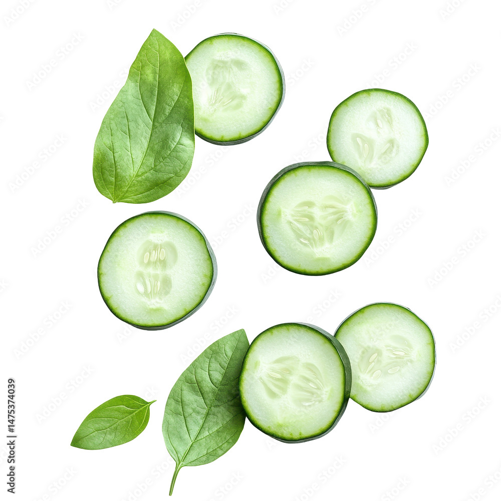 Poster fresh cucumber slices and green leaves arranged on a clean transparent background for culinary prese