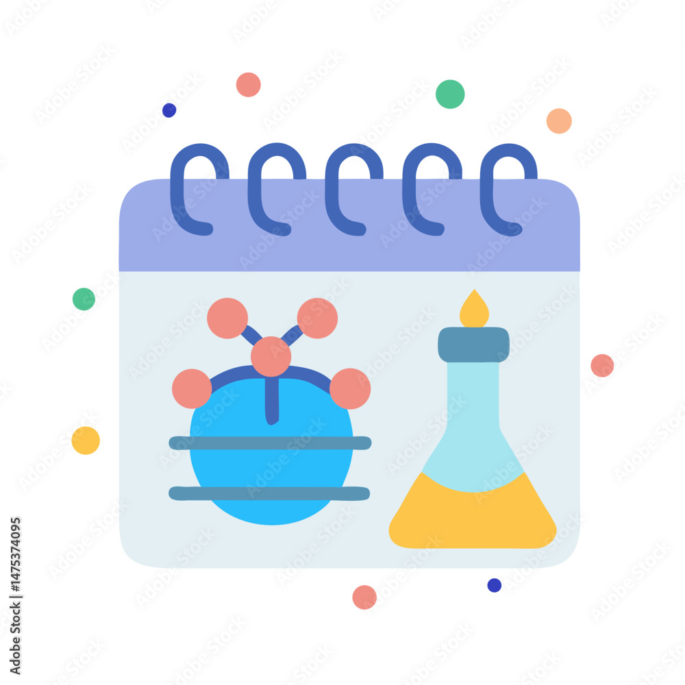 Poster science calendar with experiment icons in flat vector style
