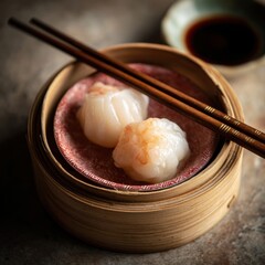 Two steamed dumplings in a bamboo steamer with chopsticks.