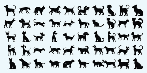 Naklejka premium Vector Silhouettes of Dogs and Cats in Different Poses, Pet Animal Icon Set, Collection of Dogs and Cats in Various Poses