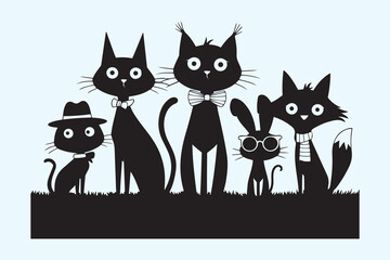 Stylish Cartoon Cats and Friends in Silhouette with Accessories on Grass, Cute Silhouette of Fashionable Cats and Animal Friends