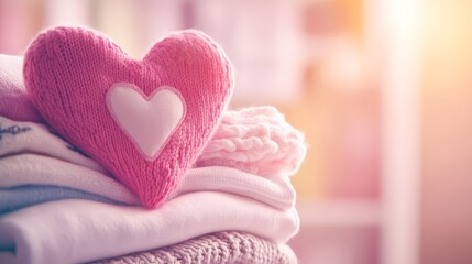 A pink heart is on top of a pile of clothes. The heart is surrounded by a blanket and a sweater. Concept of warmth and comfort, as the heart is a symbol of love and affection