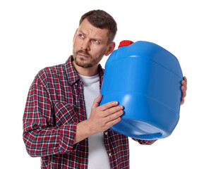 Man holding plastic canister on white background