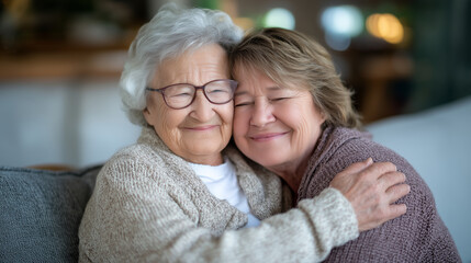 Fototapeta premium Elderly woman in cardigan leans toward caregiver for a hug, couch cushions slightly rumpled, symbolizing comfort and daily routine