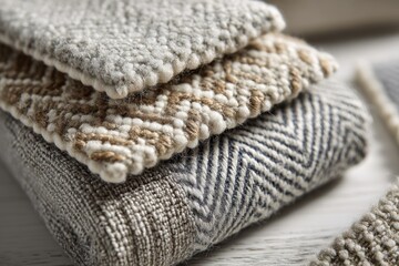 Close-up of meticulously stacked fabric samples, showcasing a variety of textures and patterns, ideal for interior design inspiration and material exploration.