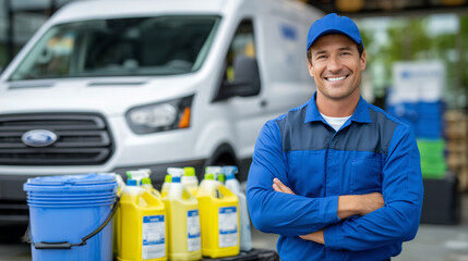 Smiling man in a blue uniform poses proudly beside van wrapped in company branding, bright buckets, mops, and sprays arranged nearby