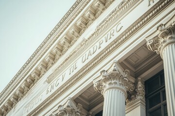 Architectural detail of classic building facade with columns and engraved text
