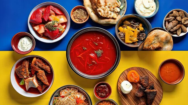 Ukrainian cuisine showcasing traditional dishes including borscht, pierogi, and other delicacies, arranged on a vibrant background representing the ukrainian flag.