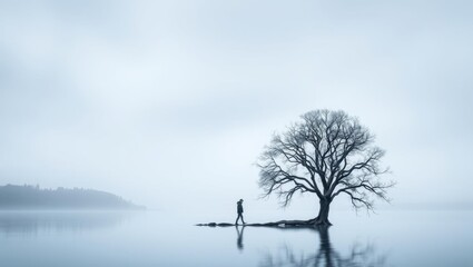 Ethereal figure walking near solitary tree in serene misty landscape