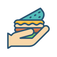 Hand holding colorful sandwich illustration against a black background