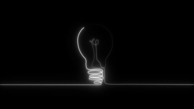 Glowing one line art idea inside light bulb icon. Electric light bulb shying animation.