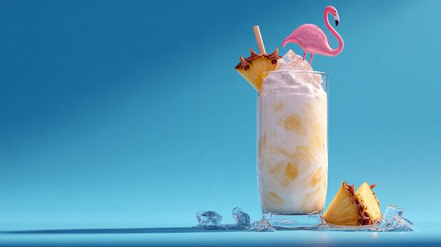 Minimal beach drink scene, Pina Colada with ice, stylized flamingo stirrer, sky blue backdrop