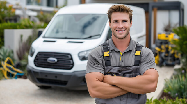 Male cleaner proudly standing in front of van parked on driveway, background shows garden hose and outdoor cleaning supplies