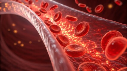 Blood, oxygen and biology concept. Red blood cells flowing through a blood vessel in a digital illustration.