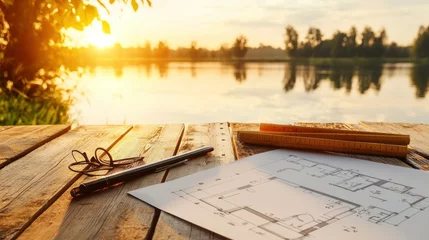 Fototapeten Architectural blueprints and tools sit by a calm lake at sunset © pupus